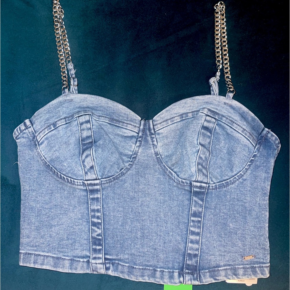 Guess Denim Bustier Top w/ Chain Straps